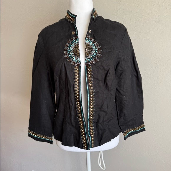 Sarah Spencer Black Linen Beaded Blazer Women’s 8 Shirt Jacket Boho - Picture 1 of 6